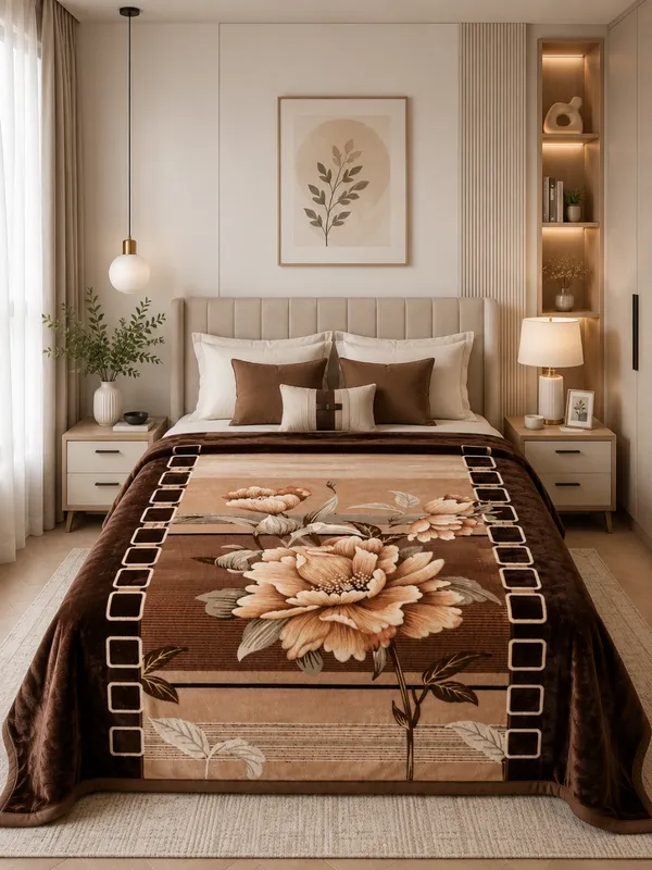 Brown_Floral_Print_Double_Bed_Blanket