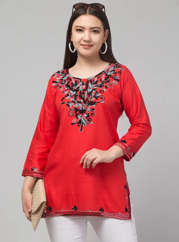 Red_Floral_Printed_Straight_Short_Kurta_For_Women