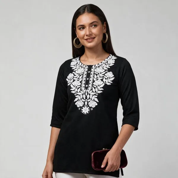 Black_Floral_Embroidered_Straight_Short_Kurta_For_Women