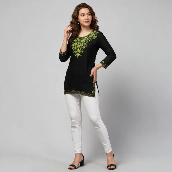 Black_Floral_Embroidered_Straight_Short_Kurta_For_Women