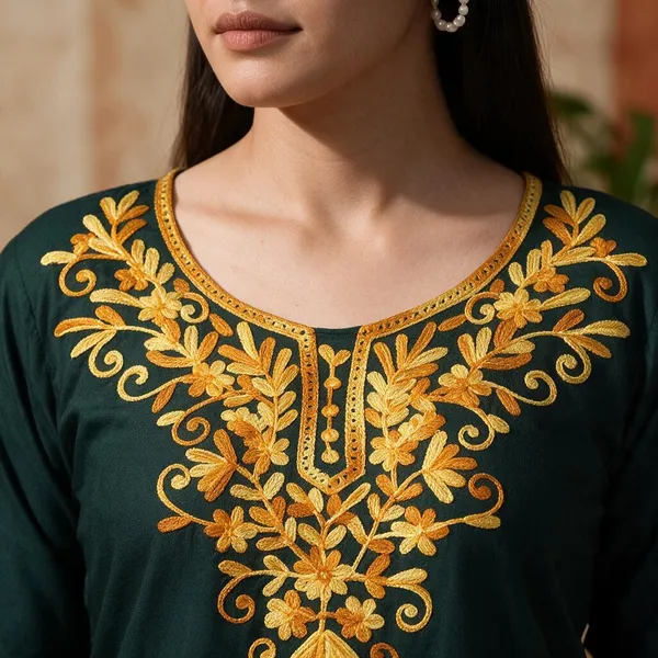 Green_Golden_Floral_Embroidered_Straight_Short_Kurta_For_Women