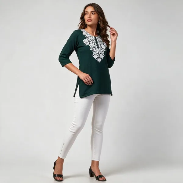 Dark_Green_Floral_Print_Straight_Short_Kurta_For_Women