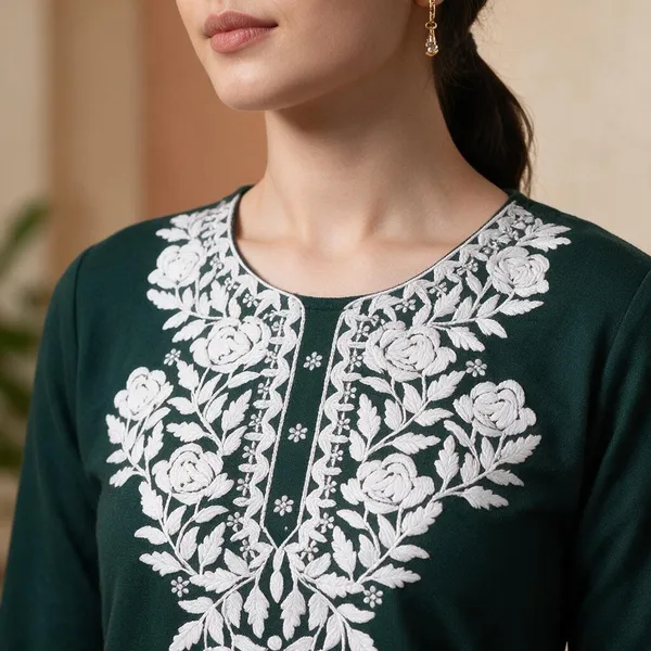 Dark_Green_Floral_Print_Straight_Short_Kurta_For_Women