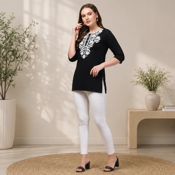 Black_Floral_Embroidered_Straight_Short_Kurta_For_Women
