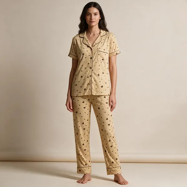 Beige_Heart_Print_Relaxed_Fit_Sleepwear_Set_For_Women