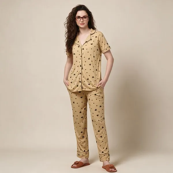 Beige_Heart_Print_Relaxed_Fit_Sleepwear_Set_For_Women