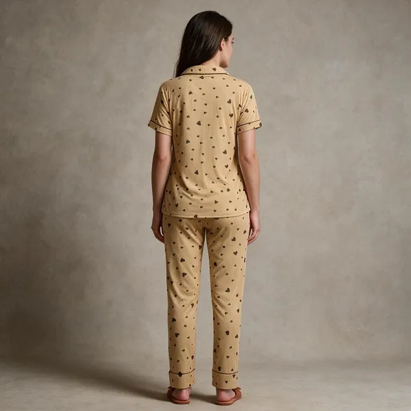 Beige_Heart_Print_Relaxed_Fit_Sleepwear_Set_For_Women