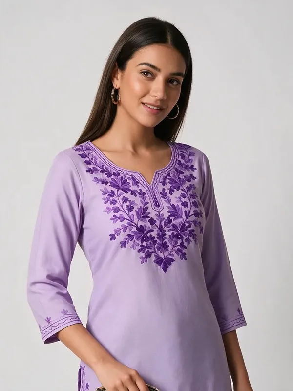 Lavender_Floral_Embroidered_Straight_Short_Kurta_For_Women
