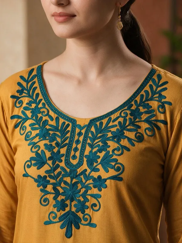 Mustard_Floral_Embroidered_Straight_Short_Kurta_For_Women