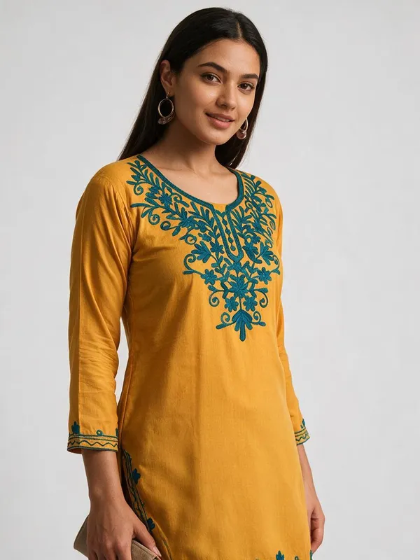 Mustard_Floral_Embroidered_Straight_Short_Kurta_For_Women