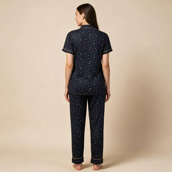 Navy_Printed_Short_Sleeve_Pyjama_Set_For_Women