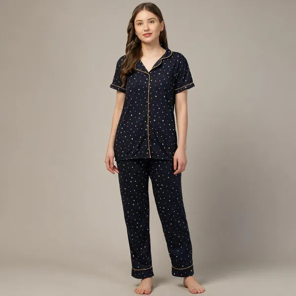 Navy_Printed_Short_Sleeve_Pyjama_Set_For_Women