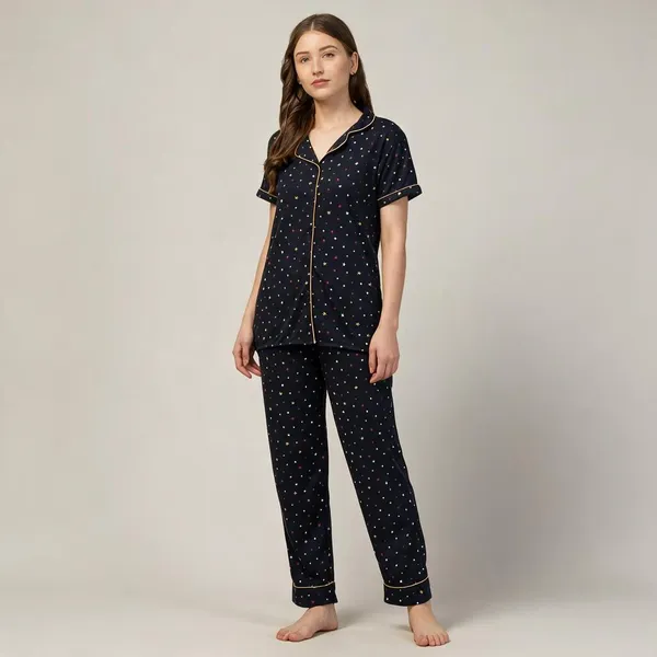 Navy_Printed_Short_Sleeve_Pyjama_Set_For_Women