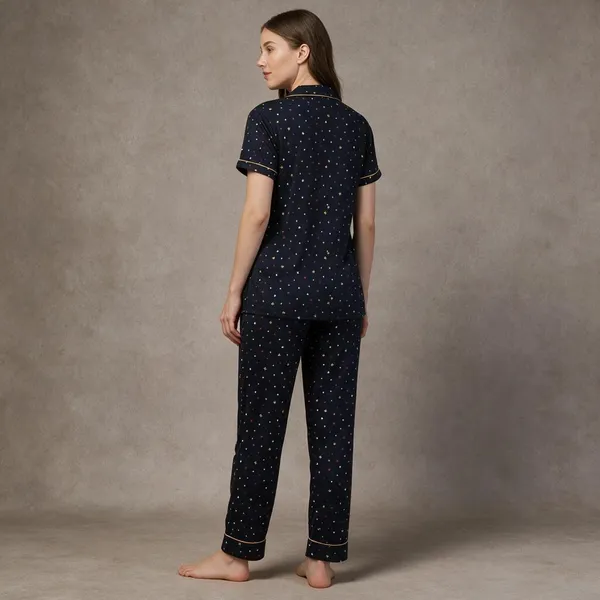 Navy_Printed_Short_Sleeve_Pyjama_Set_For_Women