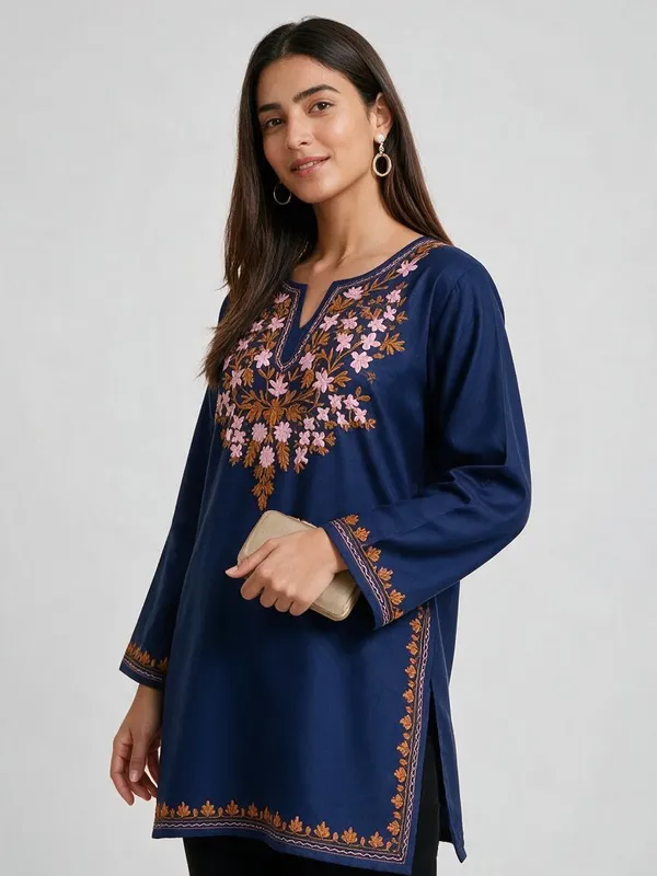 Navy_Blue_Floral_Embroidered_Straight_Short_Kurta_For_Women