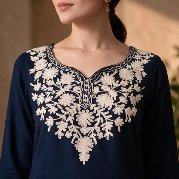 Navy_Floral_Embroidered_Straight_Short_Kurta_For_Women
