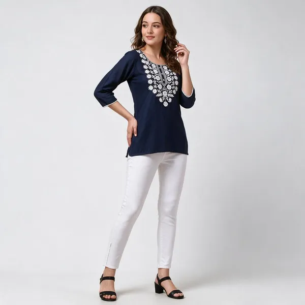 Navy_Floral_Embroidered_Straight_Short_Kurta_For_Women