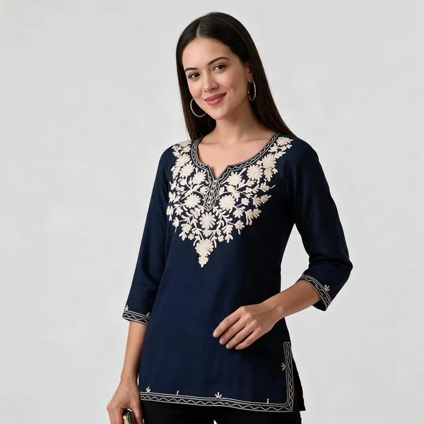 Navy_Floral_Embroidered_Straight_Short_Kurta_For_Women