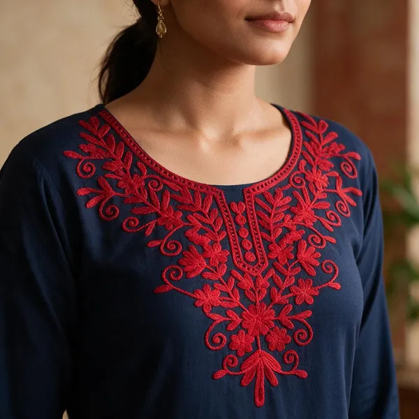 Navy_Floral_Embroidered_Straight_Short_Kurta_For_Women