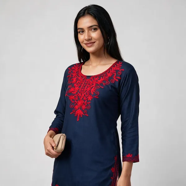 Navy_Floral_Embroidered_Straight_Short_Kurta_For_Women