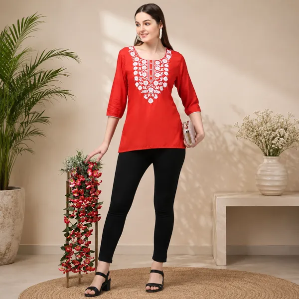 Red_Floral_Embroidered_Straight_Short_Kurta_For_Women