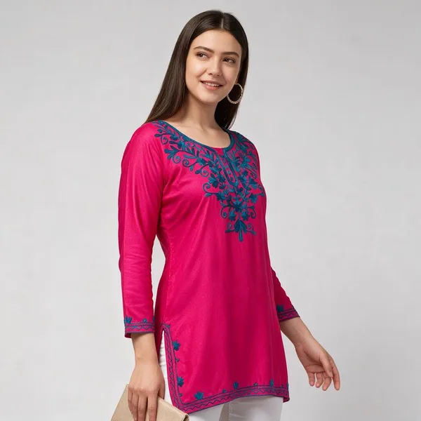 Pink_Floral_Print_Straight_Short_Kurta_For_Women