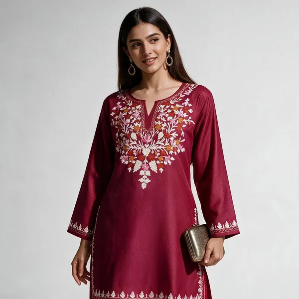 Maroon_Floral_Embroidered_Straight_Short_Kurta_For_Women