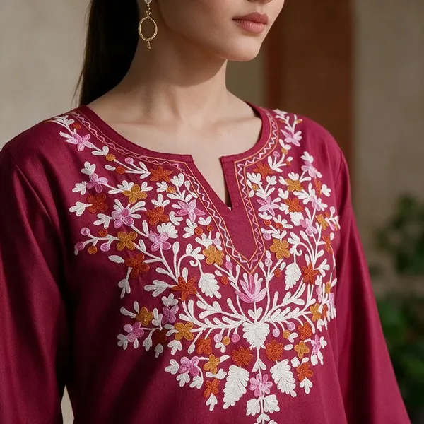 Maroon_Floral_Embroidered_Straight_Short_Kurta_For_Women