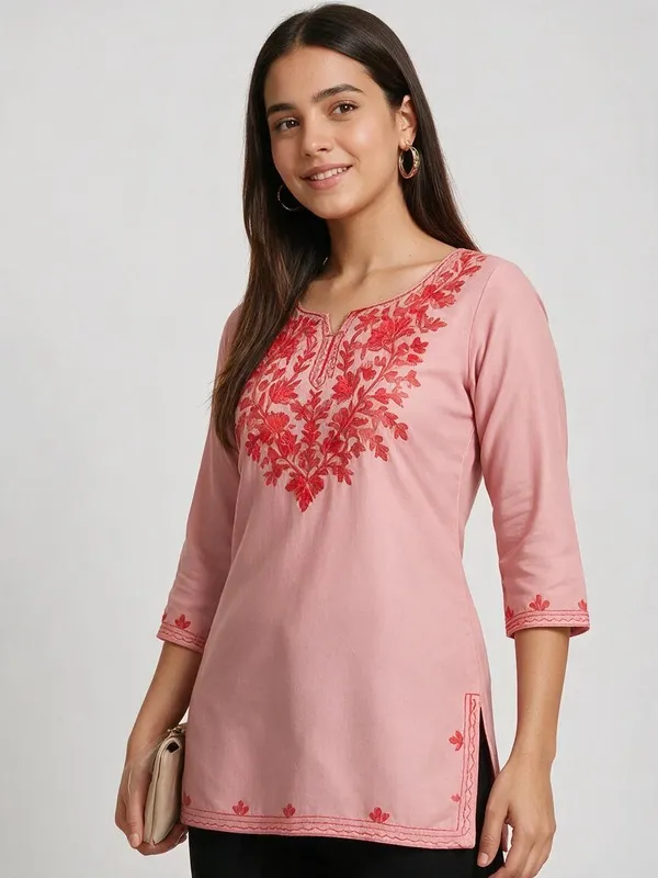 Pink_Floral_Embroidered_Straight_Short_Kurta_For_Women