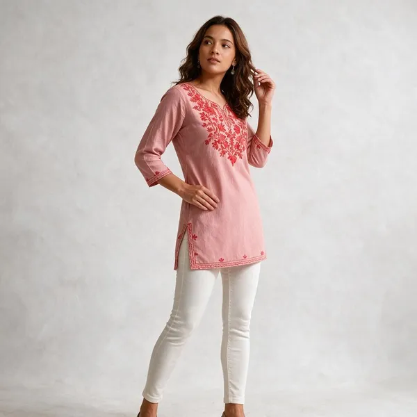 Pink_Floral_Embroidered_Straight_Short_Kurta_For_Women