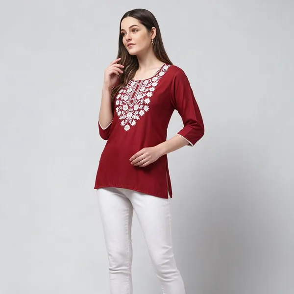 Maroon_Floral_Embroidered_Straight_Short_Kurta_For_Women