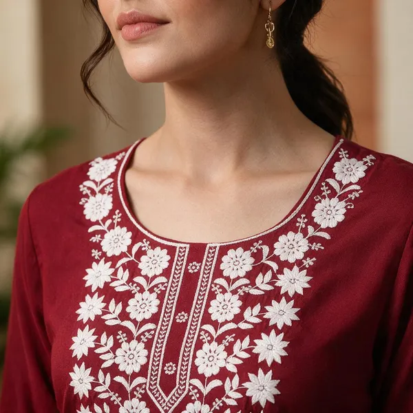 Maroon_Floral_Embroidered_Straight_Short_Kurta_For_Women