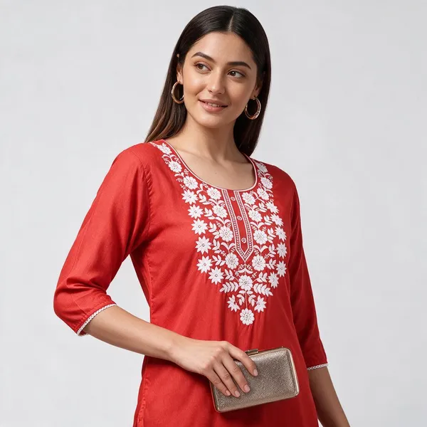 Red_Floral_Embroidered_Straight_Short_Kurta_For_Women