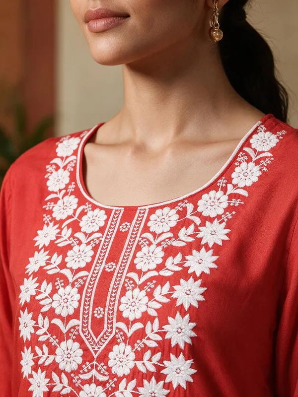 Red_Floral_Embroidered_Straight_Short_Kurta_For_Women