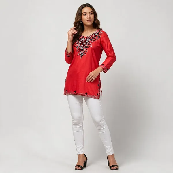Red_Floral_Printed_Straight_Short_Kurta_For_Women