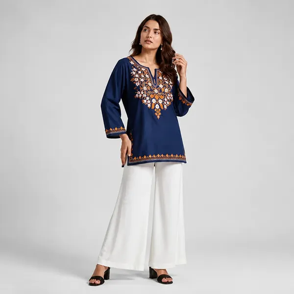 Navy_Blue_Floral_Embroidered_Straight_Short_Kurta_For_Women
