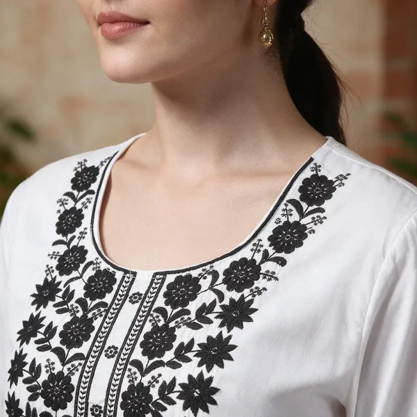 White_Floral_Embroidered_Straight_Short_Kurta_For_Women