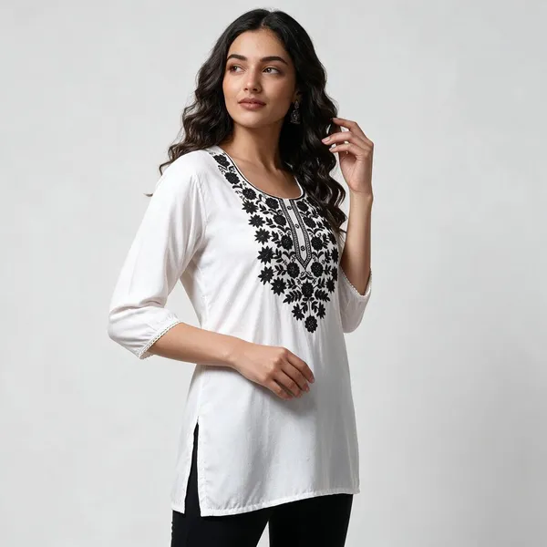 White_Floral_Embroidered_Straight_Short_Kurta_For_Women