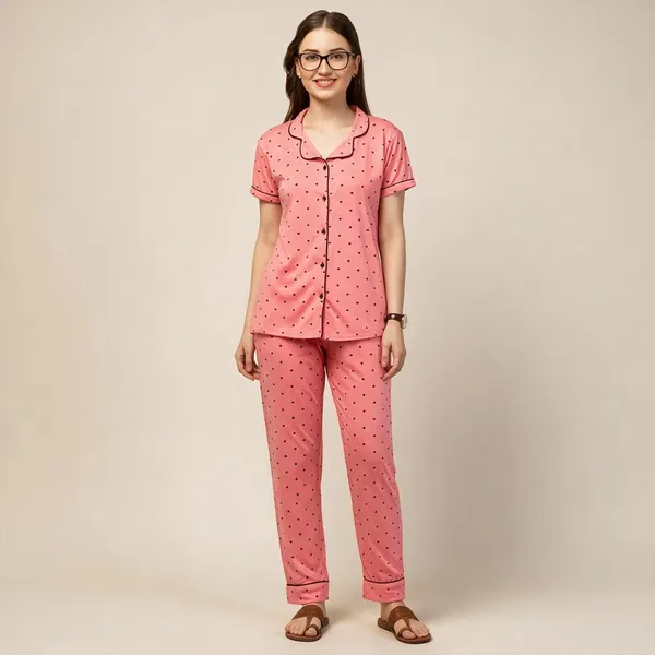 Pink_Polka_Dot_Print_Relaxed_Fit_Pyjama_Set_For_Women