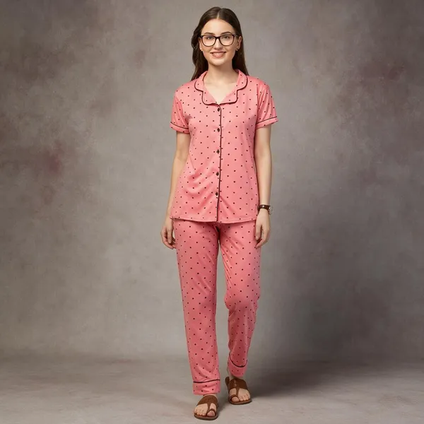 Pink_Polka_Dot_Print_Relaxed_Fit_Pyjama_Set_For_Women