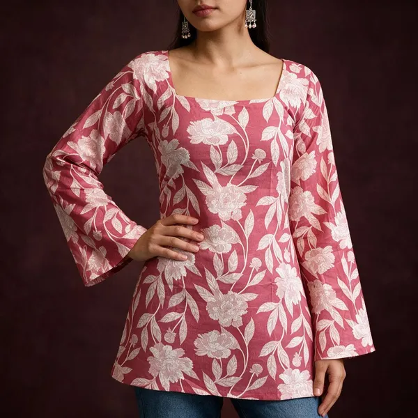 Pink_Floral_Print_Flared_Top_For_Women
