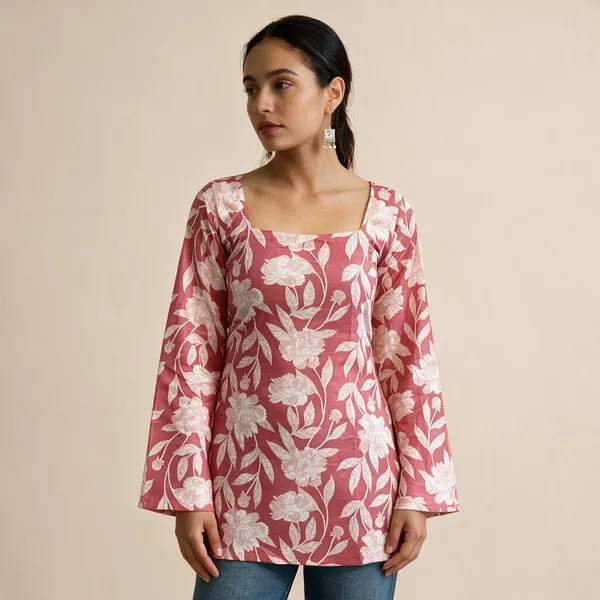 Pink_Floral_Print_Flared_Top_For_Women