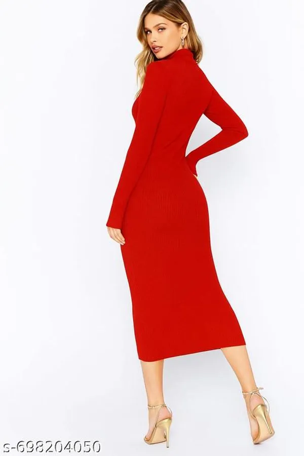 Stylish_Ribbed_Bodycon_Dress_For_Women_Solid_Red_High_Neck_Long_Sleeve_Dress