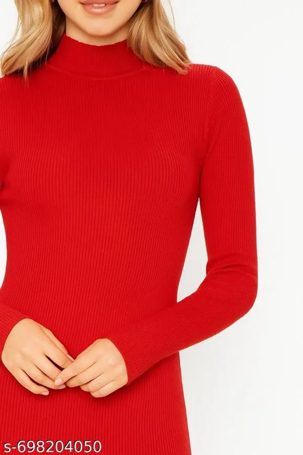 Stylish_Ribbed_Bodycon_Dress_For_Women_Solid_Red_High_Neck_Long_Sleeve_Dress