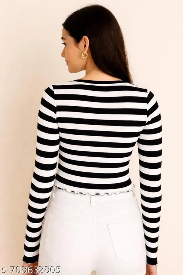 Women_S_Striped_Cropped_Top_Long_Sleeve_V_Neck_Ribbed_Top
