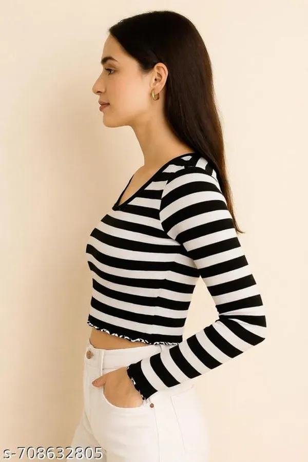 Women_S_Striped_Cropped_Top_Long_Sleeve_V_Neck_Ribbed_Top