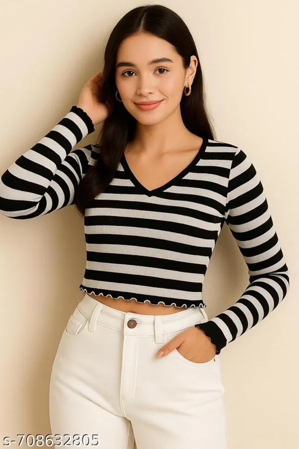 Women_S_Striped_Cropped_Top_Long_Sleeve_V_Neck_Ribbed_Top