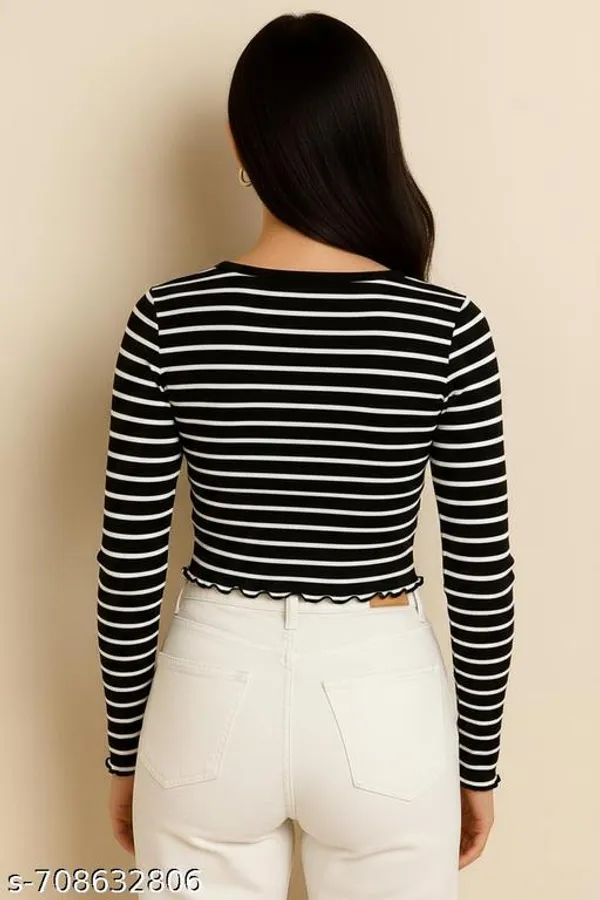 Women_S_Striped_Cropped_Top_Long_Sleeve_V_Neck_Ribbed_Top