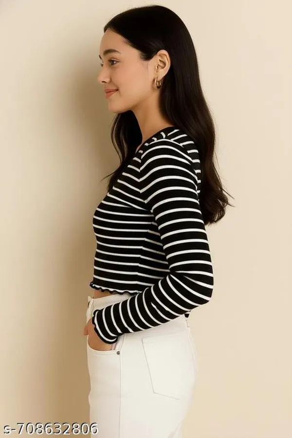 Women_S_Striped_Cropped_Top_Long_Sleeve_V_Neck_Ribbed_Top