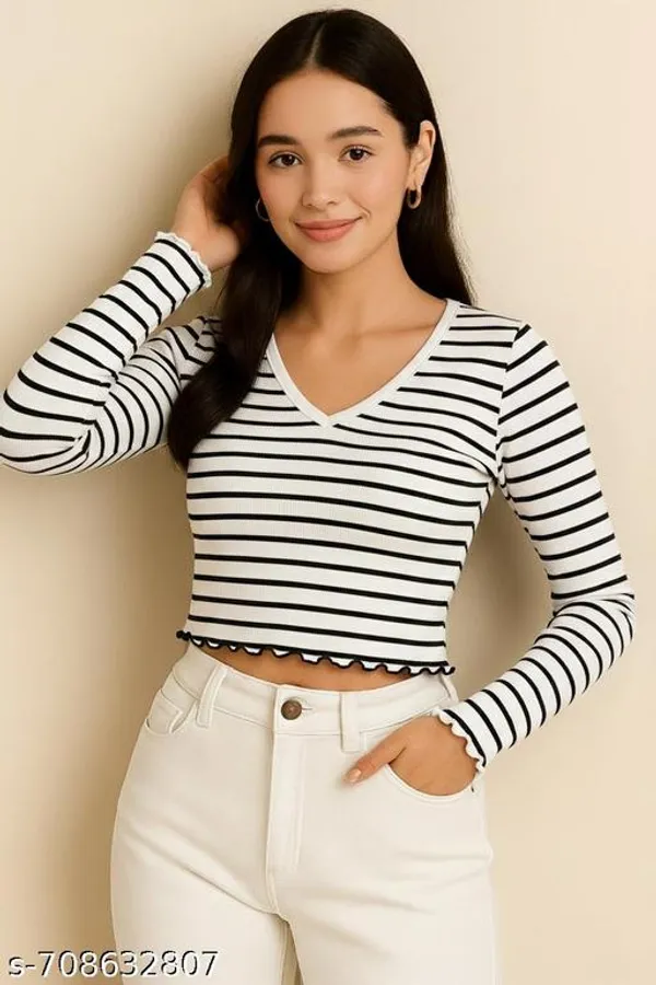 Women_S_Striped_Cropped_Top_Long_Sleeve_V_Neck_Ribbed_Top